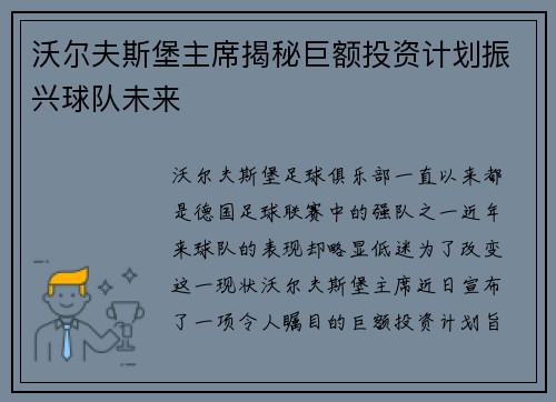 沃尔夫斯堡主席揭秘巨额投资计划振兴球队未来